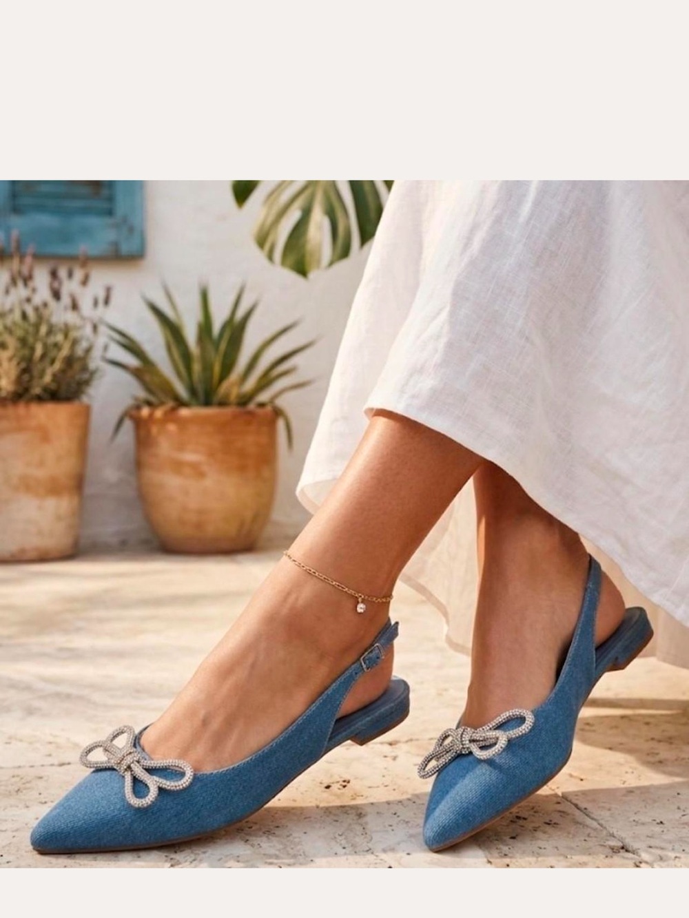 BCBGeneration Women's denim Slingback Pointed Flats with Decorative Bow Sz 7.5